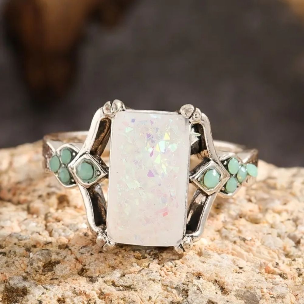 Rectangle White Lab Opal Antique Silvery Rings - Picture 5 of 12